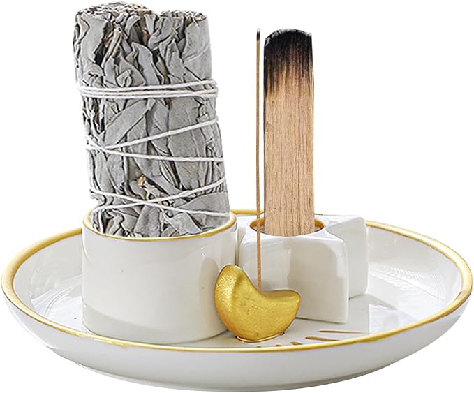 4 in 1 Incense Holder, Palo Santo Holder for Burning Sage, Ash Catcher Tray, Candle Holder for Meditation Yoga Room