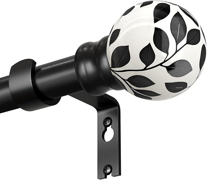 Ceramic Black Curtain Rods for Windows 48 to 84 Inches Adjustable Length Heavy Duty 1" Diameter Window Curtain Rod with Modern Leaf Pattern Decorative Finials for Bedroom Kitchen Living Room