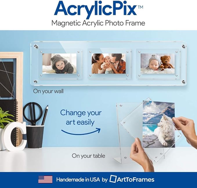 ArtToFrames 13x10 Acrylic Floating Picture Frame - Table Stand with Chrome Magnetic Front Cover to Easily Change Photos - Made in The USA