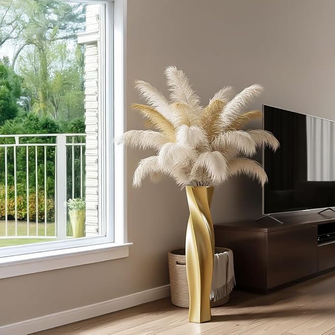 Tall Vases - 23.6" Tall Floor Vase for Home Decor, Floor Vases, Black Hexagon Twist Floor Vase, Fits Into Hay/Pampas Grass, Living Room, Office, Wedding Decor (Resin Gold)