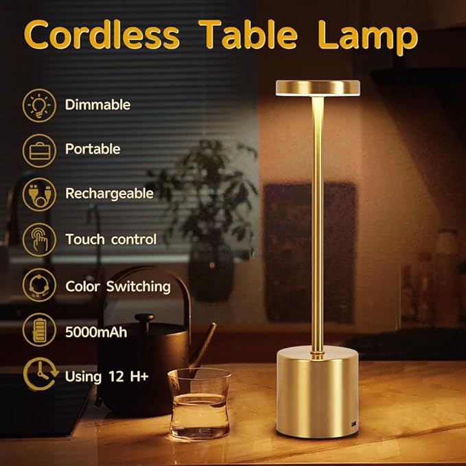 Rechargeable Cordless Table Lamp,Portable Outdoor 5000mAh Battery Operated LED Table Light Touch Control 3 Color Dimmable for Bedroom,Patio,Cofee,Camping,Dining,Restaurant&Livingroom-Gold
