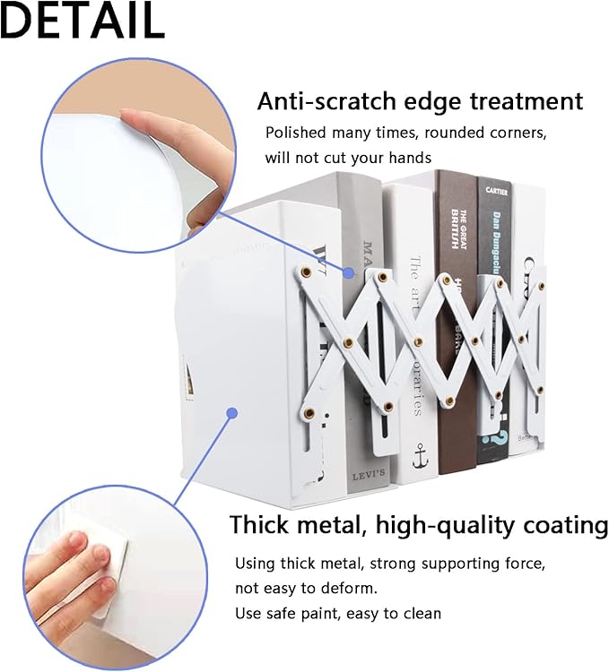 Adjustable Metal Bookends Heavy Duty for Shelves, 2 Dividers, Anti-Slip Design Expandable Book Ends for Desk, Office(White, 19 inches Max)