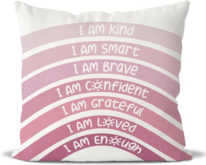 QIYUHOY Boho Rainbow Classroom Throw Pillow Covers, Book Center Calming Corner Playroom Decor Pillow Case, Pink Pillow Cover, I Am Kind Smart Brave Confidence 22x22 Inch Pillowcase(Pink)