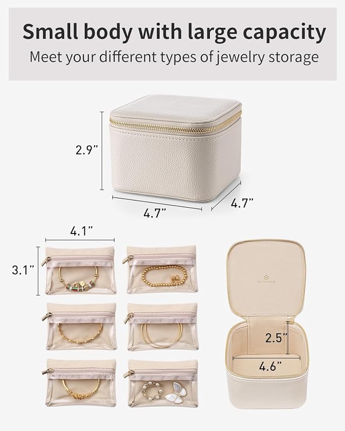 Vlando Travel Jewelry Case,Valentines Gifts,Small Jewelry Box Organizer,Travel Jewelry Storage with 6 Velvet Jewelry Zipper Pockets, Birthday Gifts for Women Girls (White)