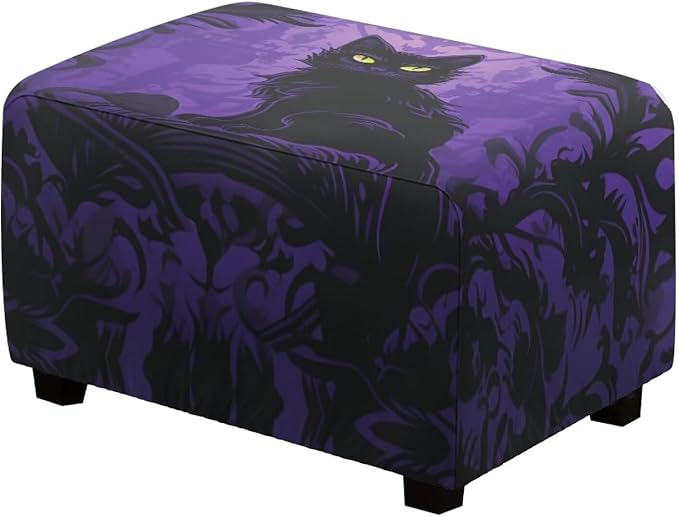 Rectangle Ottoman Cover Black Cat Ultra Stretch Small Ottoman Slipcover with Elastic Band Washable Foot Stool Covers Furniture Protector for Hlloween Home Decor Size L