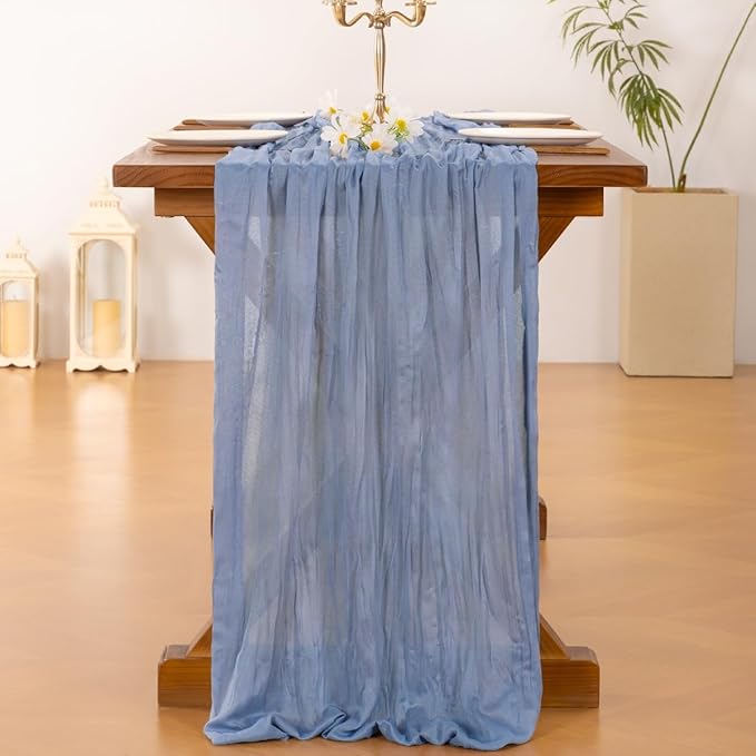 Socomi 3pcs Dusty Blue Valentine's Day Cheesecloth Table Runner Boho Rustic Gauze 120 inch 10FT Cheese Cloth Runner for Wedding Party Baby Shower Birthday Home Decor Holiday Decorations