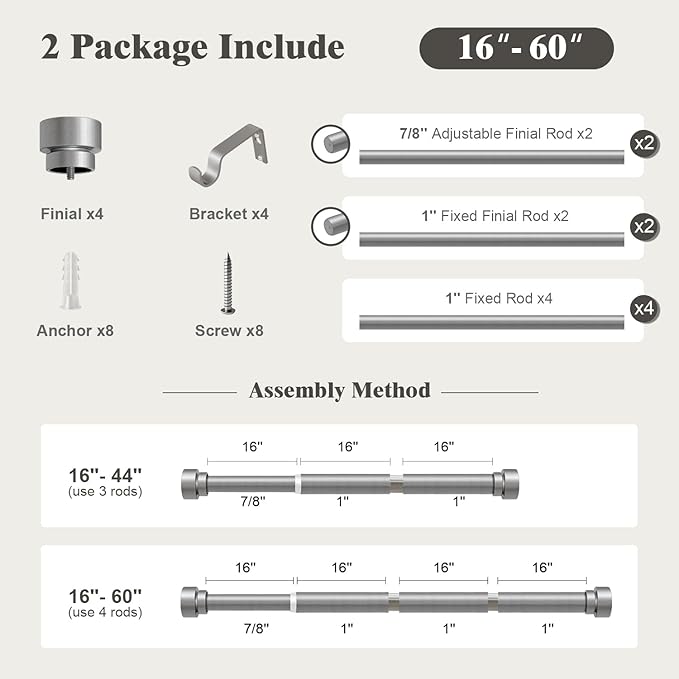 Oneach 2-Pack Heavy Duty Curtain Rods for Windows 28 to 48 Inch, 1 Inch Pole Adjustable Curtain Rod with Easy Installation and Modern Design (Silver, 16 to 60 Inch)