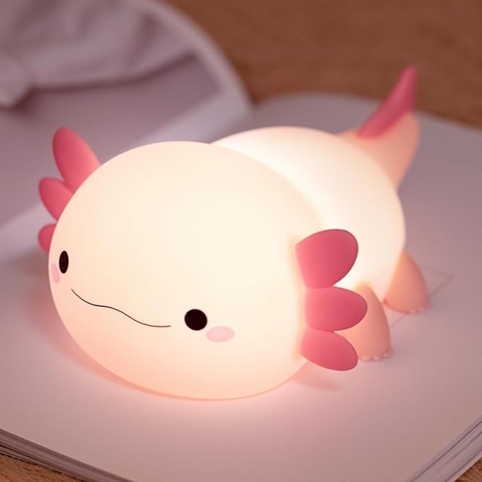 Axolotl Cute Night Light for Kids, Axolotl Lamp Girls Xmas Gifts, Rechargeable Bedside Nightlight, Squishy Dimmable Silicone LED Funny Animal Light, Baby Nursery Dorm Kawaii Décor Toys