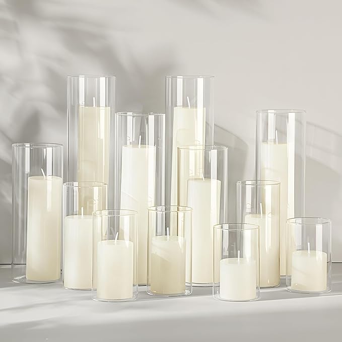 Shihanee Set of 12 Pillar Candles and Glass Cylinder Vases Assorted Sizes Clear Cylinder Holders for Pillar Candles Home Table Centerpieces Wedding Party Decorations (Multiple Sizes,Ivory)
