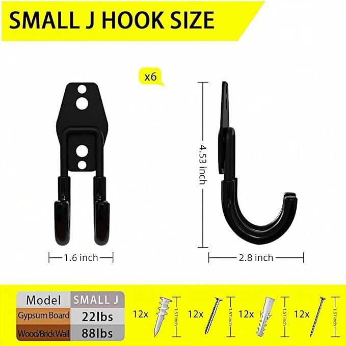 6 Pack Garage Hooks Heavy Duty, Steel Utility Ladder Hooks for Hanging Tools,Bikes, Hoses and Ropes - Wall Mount Organizer with Anti-Slip Coating（2.8in）