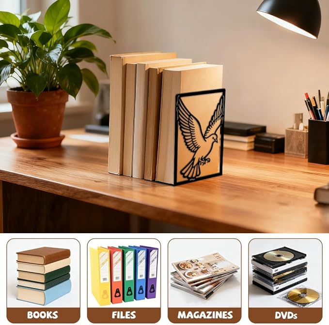 Peacoblue Metal Bookends for Shelves, Modern Decorative Heavy Duty Study Book Ends Stoppers for Office, Desk, Shelf, Room 5.3"x4.3"x7.9" Cast Iron Simple Tall Bookends 1 Pair (Pigeon)