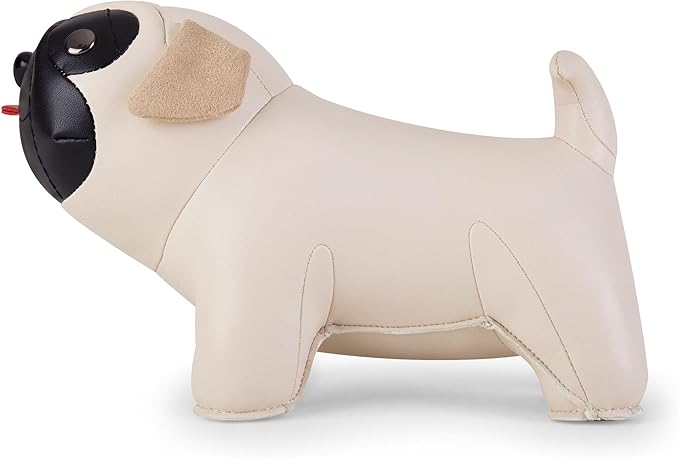 Zuny Bookend Pug, Leather Bookends for Shelves, Handmade Animal Dog Home Decor, Classic Series, Wheat+Black