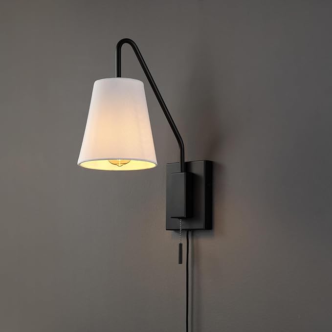 GLOBE Electric 65000043 1-Light Plug-in or Hardwire Wall Sconce, Matte Black, White Fabric Shade, Swing Arm, 6ft Black Braided Fabric Cord, On/Off Pull Chain, Wall Lights for Living Room, Home Décor
