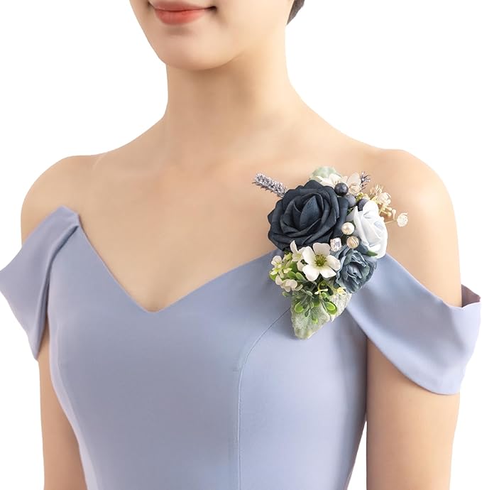 TINGE TIME Artificial Shoulder Corsages Flowers, Set of 2, Mother of The Bride Floral Corsage for Wedding Ceremony Anniversary Formal Dinner Party (Dusty Blue)