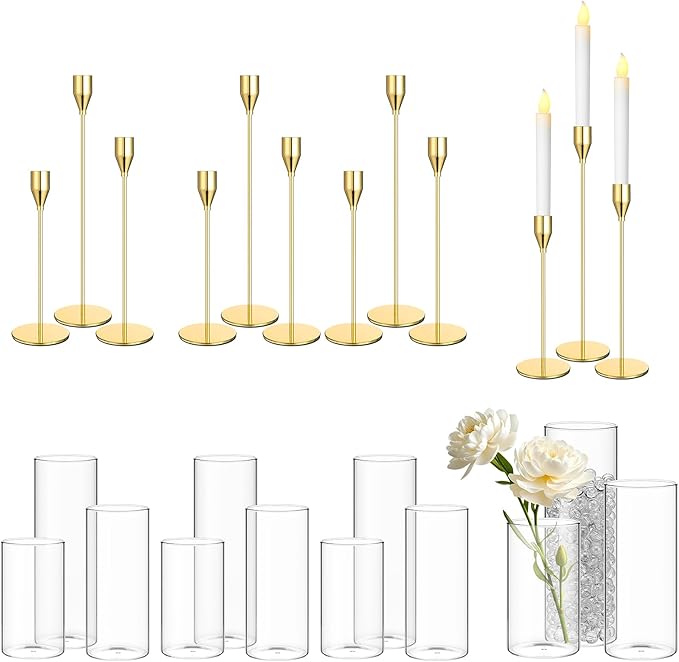 Sieral 12 Sets Gold Taper Candle Holders Glass Cylinder Vase, Candlestick Holders Fits 3/4 Inch Thick Candle, 6, 8, 10 Inch Tall Clear Flower Vase for Table Centerpiece, Dining, Wedding Party Decor