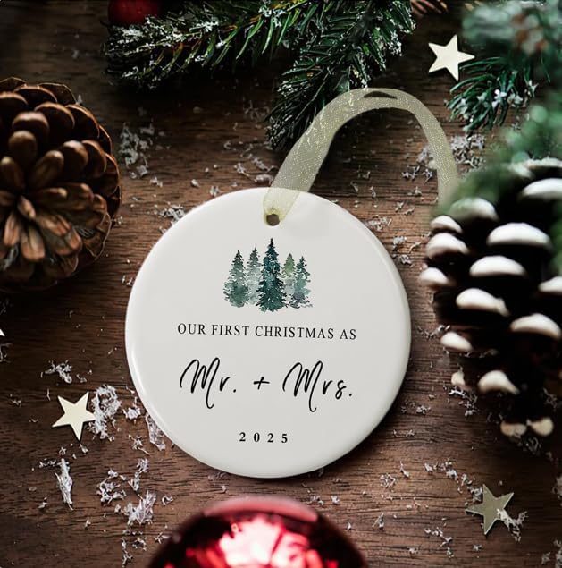 First Christmas as Mr and Mrs Ornament 2025,1st Year Wedding Ornament for Newlywed,Our First Married Christmas Ornament,Ceramic Hanging Decoration for Couples Just Married with Gift Box&Ribbon (2.9"