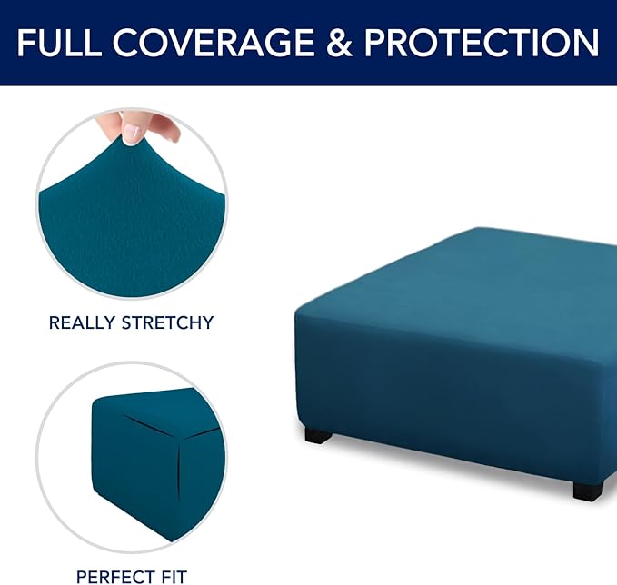 PureFit Super Stretch Form Fit Square Ottoman Cover Rectangle - Ottoman Slipcovers for Foot Stool & Folding Storage Furniture for Living Room with Nonslip Elastic Bottom (Medium-XL, Peacock Blue)