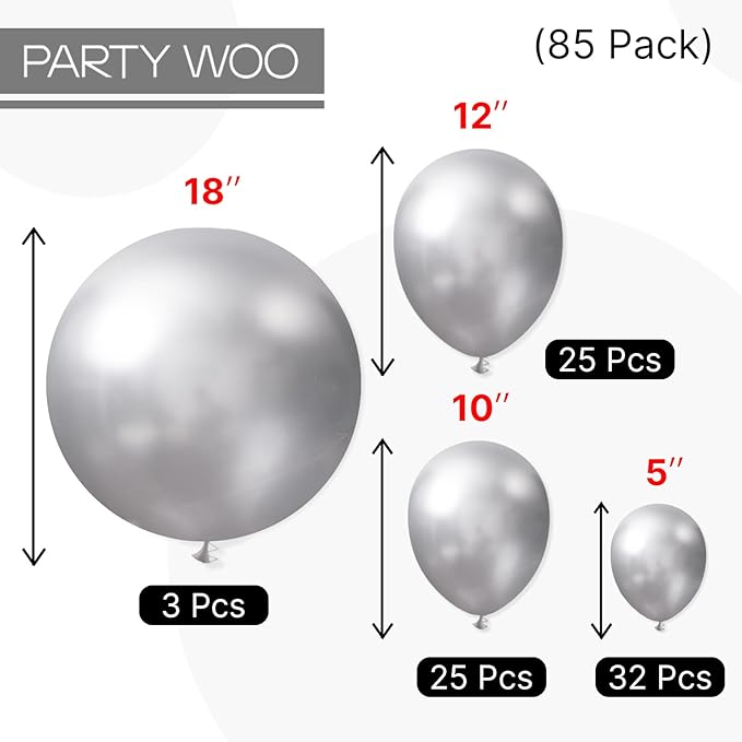 PartyWoo Metallic Silver Balloons, 85 pcs Silver Metallic Balloons Different Sizes Pack of 18 Inch 12 Inch 10 Inch 5 Inch Silver Balloons for Balloon Garland Arch as Party Decorations, Silver-G102