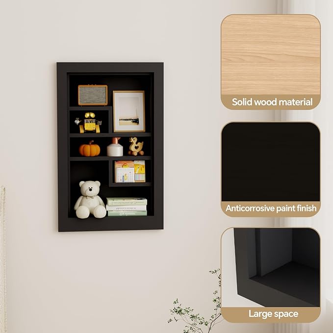 Solid Wood 14 X 24 Recessed Medicine Cabinet,3-Tier, Medicine Cabinet Organizer,Wall Niche, Bathroom Wall Cabinet, Recessed Bathroom Cabinet, Bathroom Cabinet with Storage Black