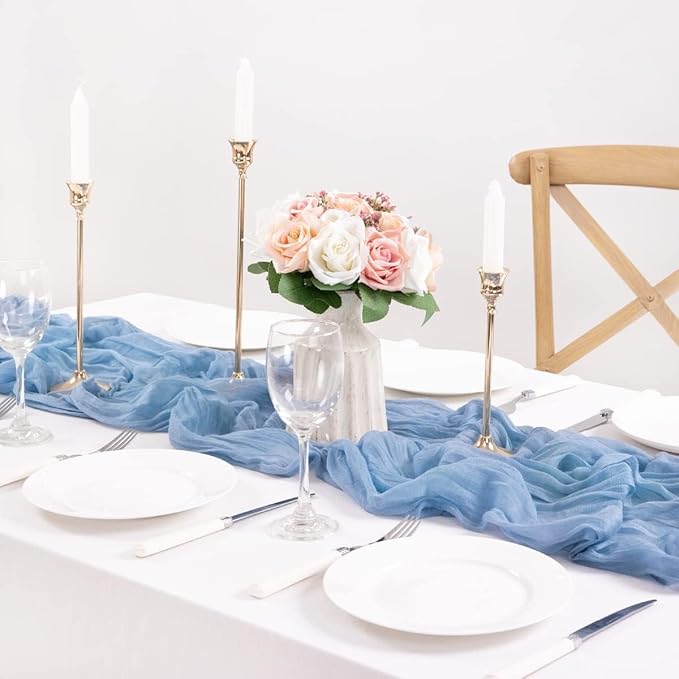 MLMC 8 Pack Dusty Blue Table Runner 10ft Boho Gauze Cheesecloth Table Runner 35x120 Inches Rustic Cheese Cloth Centerpiece for Wedding Bridal Shower Baby Shower Party Decor