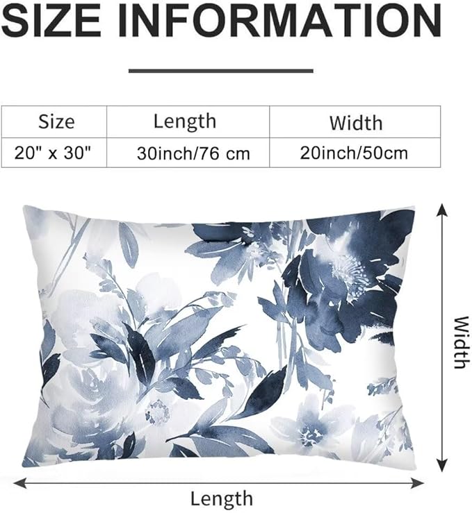 Florals Throw Pillow Cover Queen Size Set of 2 Navy Watercolor Flowers Pillowcases Boho Floral Lumbar Pillow Case Soft Standard Pillow Cases with Zipper Decorative Cushion Covers,20"x30",Blue White