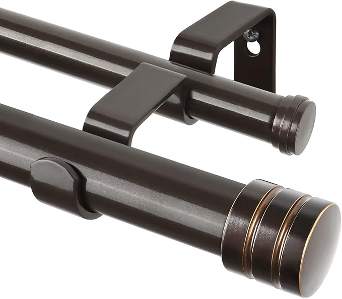 TONIAL1 Inch Double Curtain Rods for Windows 48 to 84 Inches, Heavy Duty Decorative Drapery Rod 32 to 86 Inches with Classic Cap Finial, Bronze