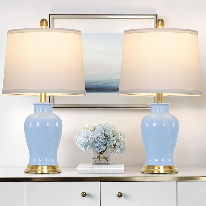 Blue Ceramic Table Lamps Set of 2, 23" Coastal Ceramic Lamps with Ginger Jar Design, Modern Bedside Lamp for Living Room End Table, Elegant Bedroom Lamp for Nightstand Desk Side Home Decor