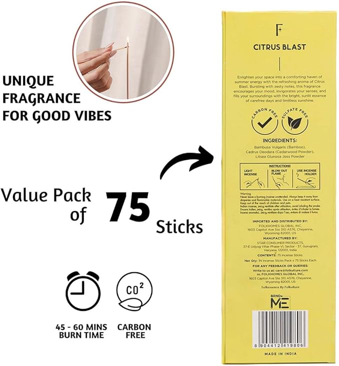 Folkulture Incense Sticks (75 Sticks) |8" Premium Smell Like Summer Incense Sticks For Gifts,Aromatherapy|No Charcoal,Organic,Non Toxic,45 Mins, Long Burning Citrus, Fresh Summer Scents Insence-Sticks