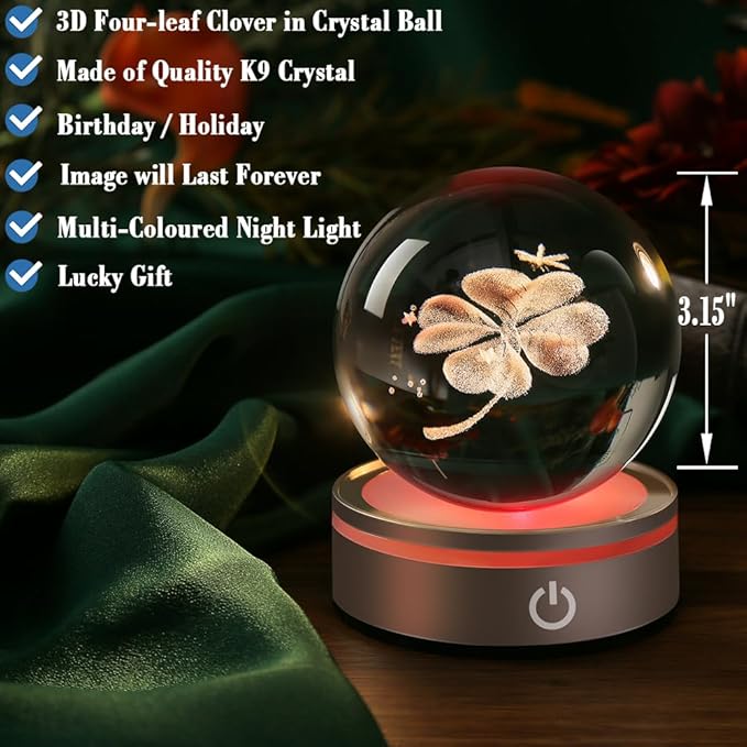 IFOLAINA Crystal Ball Lamp, 3D Four Leaf Clover K9 Decorative Night Light, Clear, 3.15 inches, Rechargeable USB, Ideal Gift for Her Birthday, Wedding, Anniversary