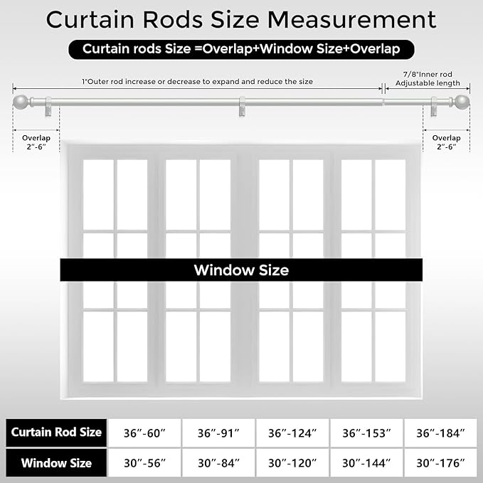2 Pack Silver Curtain Rod, 1 Inch Adjustable Heavy Duty Curtain Rods for Windows 30 to 56 Inch, Decorative Modern Window Treatment Rods, Splicing Metal Drapery Pole, Easy Installation