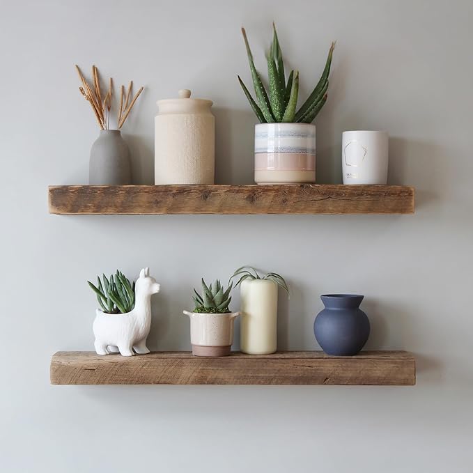 Urban Legacy Reclaimed Barnwood Planks | Floating Shelves for Wall w/Flush Mount Shelf Bracket Set Included | Set of 2 (Natural, 36" x 7" x 2")