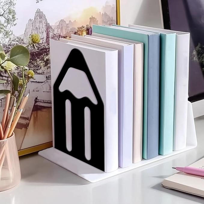 Peacoblue Metal Bookends for Shelves, Modern Decorative Heavy Duty Study Book Ends Stoppers for Office, Desk, Shelf, Room 5.3"x4.3"x7.9" Cast Iron Simple Tall Bookends 1 Pair (Pencil)