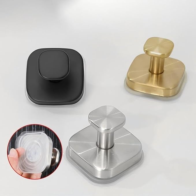 4Pcs Square Suction Cup Hook, 304 Stainless Steel Shower Hook, Removable Suction Cup Knob for Shower, Bathroom, Kitchen, Glass Door, Mirror (Silver)