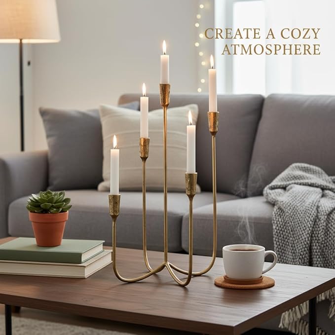 Candelabra for 5 Taper Candles – Hand-Forged Candle Holder with Elegant Vintage Finish – Decorative Centerpiece for Dining Room, Living Room or Mantel Decor（Brass Color-Straight）