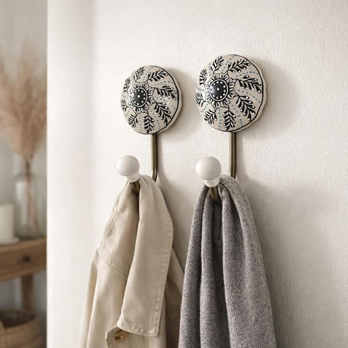 Ceramic Wall Hooks, Black with White Floral Pattern, 2-Pack Decorative Coat Hangers, 8 lb Capacity (4, White)