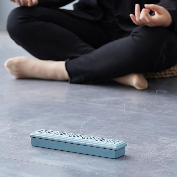 CEREMONY Incense Holder,Ceramic Incense Holder for Sticks with Ash Catcher,Coffin Style Incense Box,Incense Burner for Meditation Yoga Spa Room Decor(Blue)