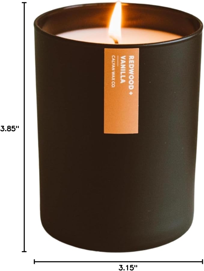 Calyan Wax Co. Redwood & Vanilla Scented Candle - 75 Hour Burn - Luxury Non Toxic Soy Wax Candles - Long Lasting Black Tumbler Jar Candle for Home - 10.2oz