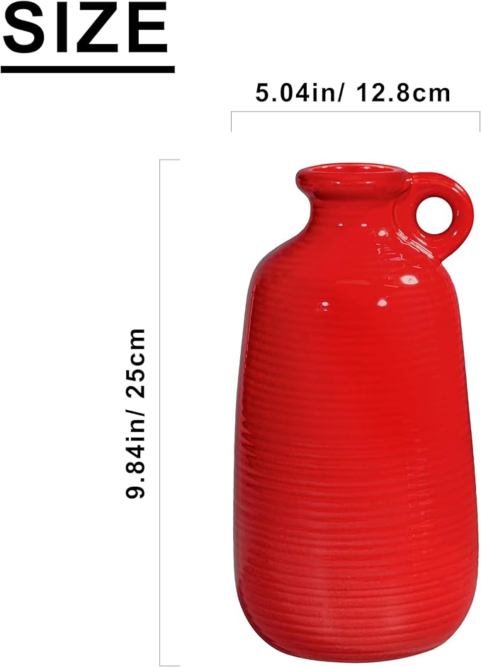 Sunddo Red Ceramic Vase - 10 Inch Modern Flower Vase for Home Decor, Decorative Vase with Handle, Red Decor for Entryway, Bedroom, Office, Centerpiece Table Decorations