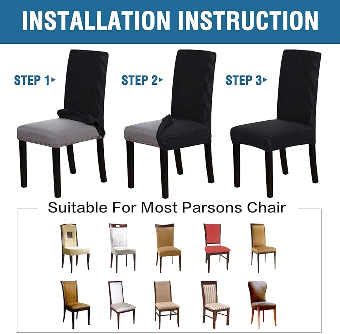 H.VERSAILTEX Stretch Dining Chair Covers Set of 6 Chair Covers for Dining Room Parsons Chair Slipcover Chair Protectors Covers Dining, Feature Textured Checked Jacquard Fabric, Black