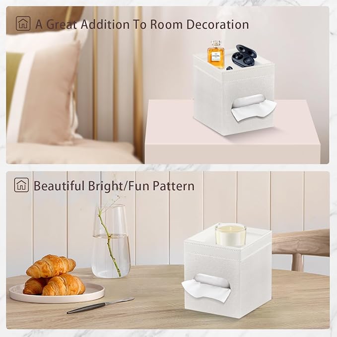 Tissue Box Cover Square, PU Leather Tissue Cube Box Holder with Storage Valet Tray, Decorative Tissue Holders, Modern Tissues Case Napkin Dispenser Facial Paper Organizer for Bathroom Vanity