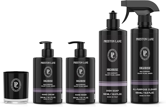 Preston Lane Signature Home Set – All Purpose Cleaner, Dish Soap, Hand Wash, Hand Cream & Scented Candle | Plant-Powered Cleaning & Care Essentials with Fine Italian Fragrance, Highrise