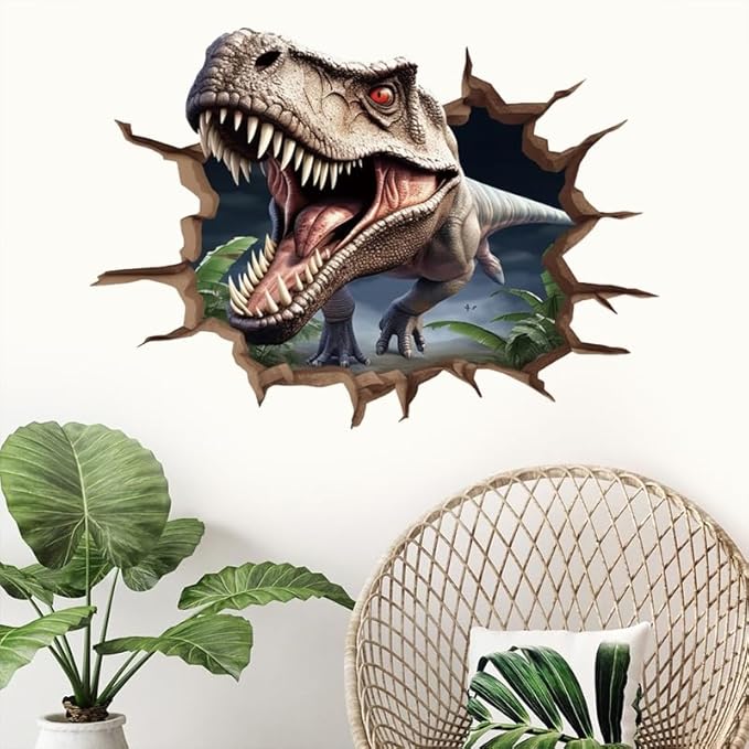 Large Dinosaur Stickers for Wall Dinosaur Room Decor for Boys, Realistic Tyrannosaurus rex, Breaking Through Walls