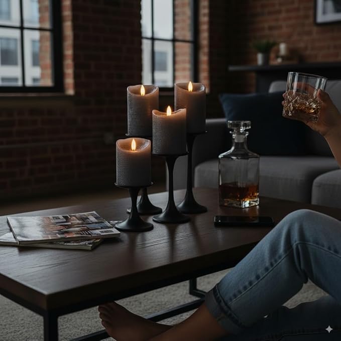 VENTA Grey Flameless Pillar Candles, Set of 3 | Real Wax Battery Operated LED Candles with Remote & Timer | Perfect for Modern Farmhouse, Industrial & Minimalist Decor