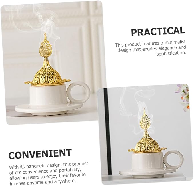 TEHAUX Vintage Ceramic Cone Incense Burner with Metal Handle Minimalist Elegant Decorative Censer Holder for Home Decor Portable Lightweight Aromatherapy Accessory Sophisticated Table
