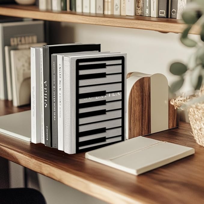 Peacoblue Metal Bookends for Shelves, Modern Decorative Heavy Duty Study Book Ends Stoppers for Office, Desk, Shelf, Room 5.3"x4.3"x7.9" Cast Iron Simple Tall Bookends 1 Pair (Piano Keys)