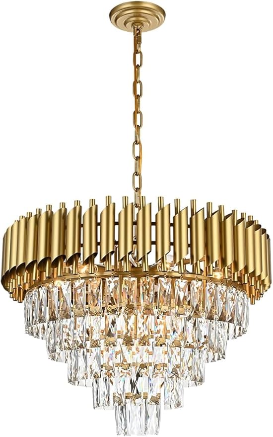 11-Light Modern Round Crystal Chandelier Lights, 5 Tiers Luxury Pendant Ceiling Light, 23.6" Crystal Chandeliers Lighting for Dining Living Room Kitchen Island Bedroom Foyer Hallway (Gold)