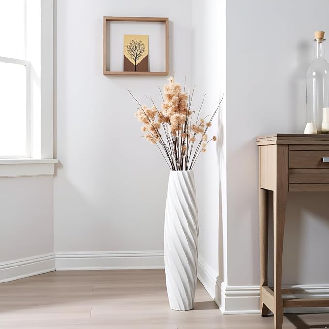 Tall Floor Vase, 23.6 inches Tall Vases Sturdy, Luxury, Textured for Decorative Branches Dried Flowers, Floor Vase for Rustic, Living Room, Shelf Decor (White)