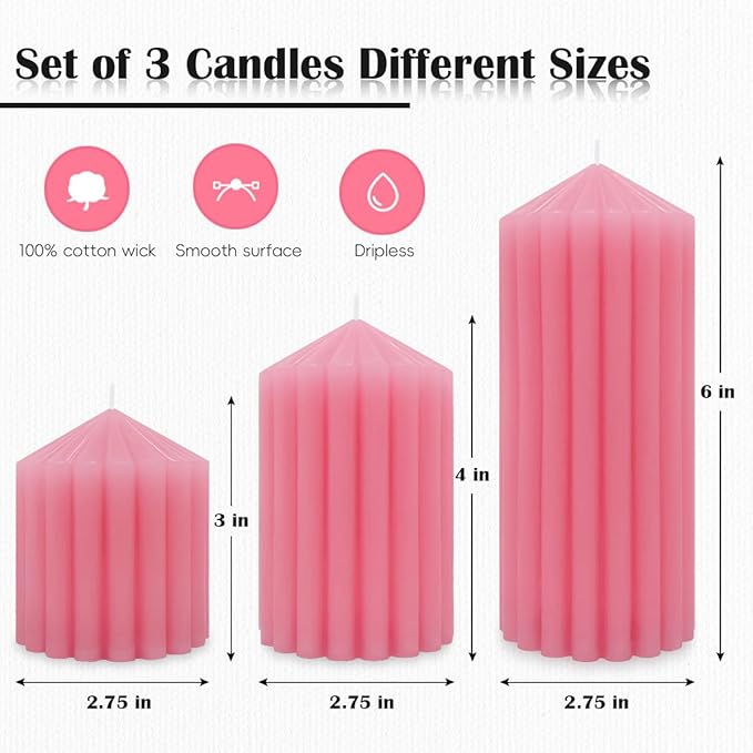 Pink Handmade Decorative Pillar Candles - 2.75×3"/4"/6" Fat Candles - Long Lasting Burning Candles for Home Decor, Gifts & Events