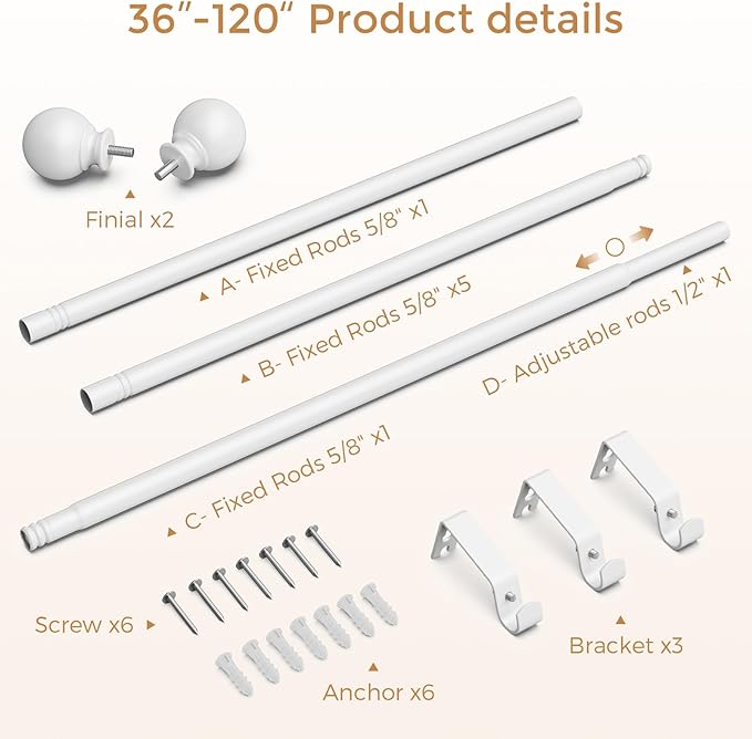 White Curtain Rods 66 to 120 Inches(5.5-10 Feet),5/8 inch Splicing Drapery Rods,Small Curtain Rods Set,Size: 36''-120'', White