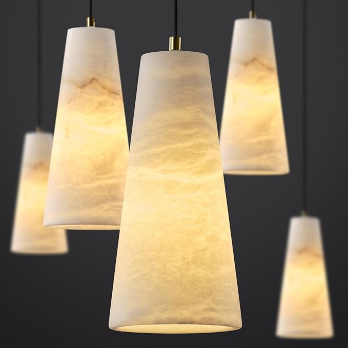 Alabaster Pendant Lights Kitchen Island,White Pendant Light Set of 2, Marble Shade Brass Cone Lighting Fixtures for Bedroom Bathroom Dining Room Living Room H-10in (Bulbs INCL)
